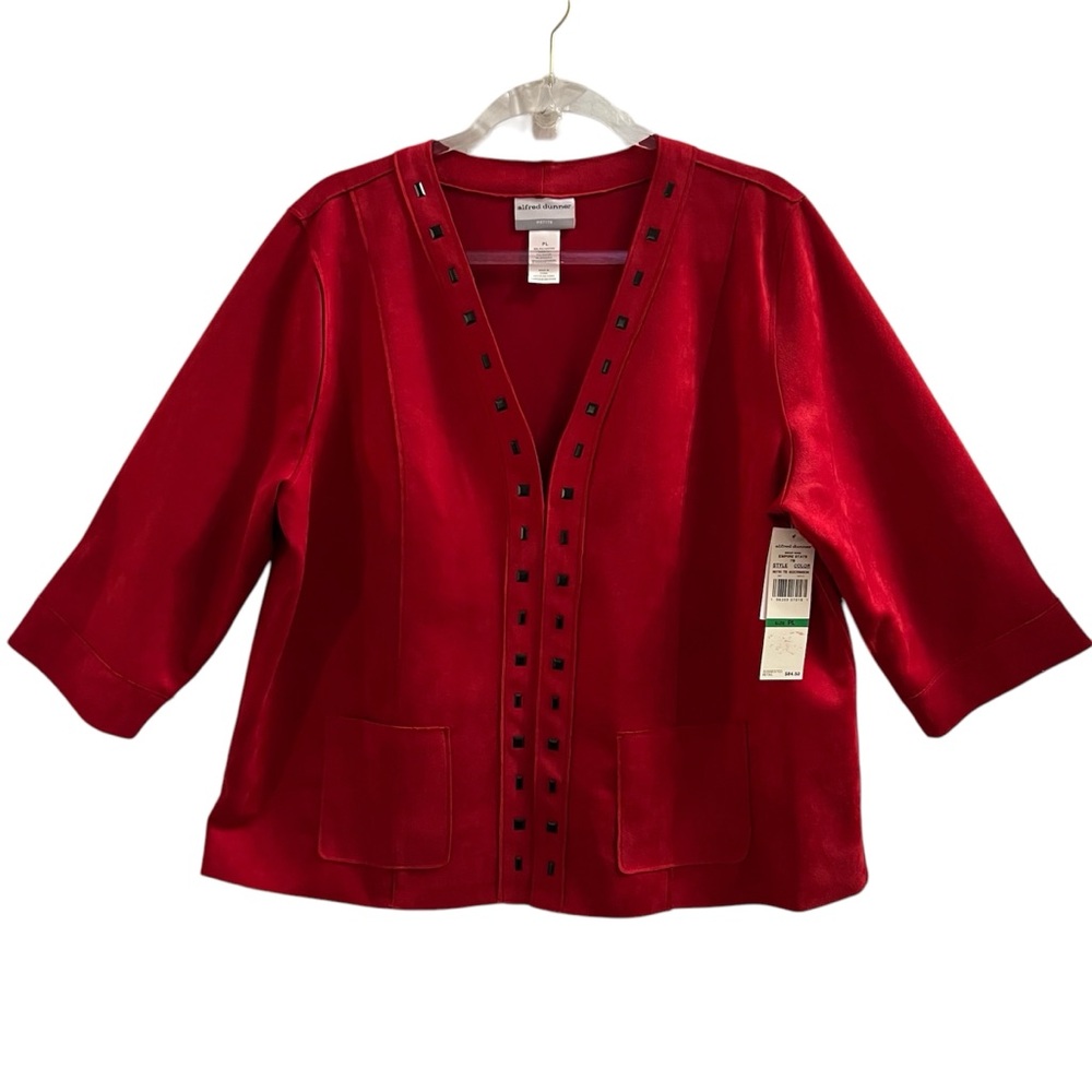 ALFRED DUNNER JACKET, Sz PL, Red Faux Suede Blazer w/ 3/4 Sleeves & Pockets, NEW